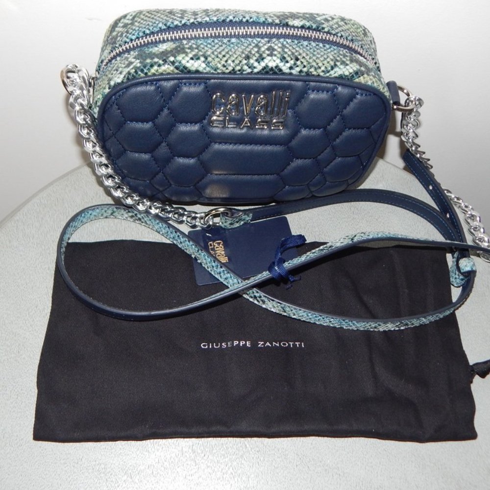 NWT CAVALLI CLASS Chain Link Python Print Top Dark Blue Small Cross-body Bag